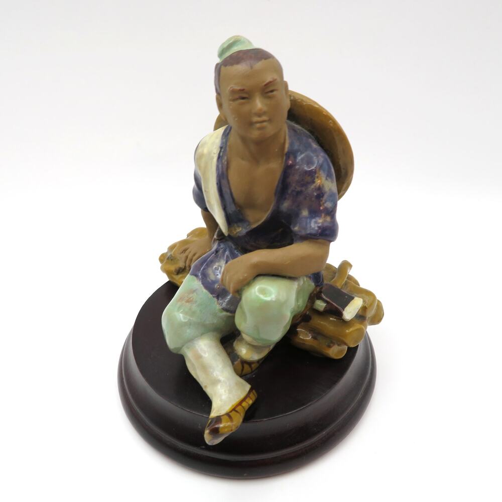 Vintage Chinese Mudman Woodcutter Figurine, Shiwan Style Asian Folk Art Statue